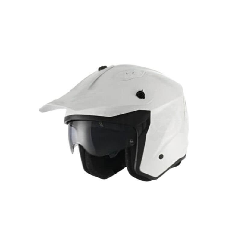 Unik trial helmet with Pluton DV white solar goggles