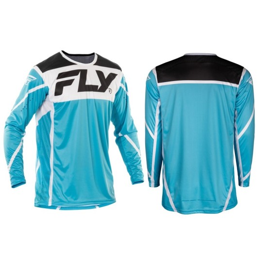 FLY RACING Lite blue, white, and black shirt.