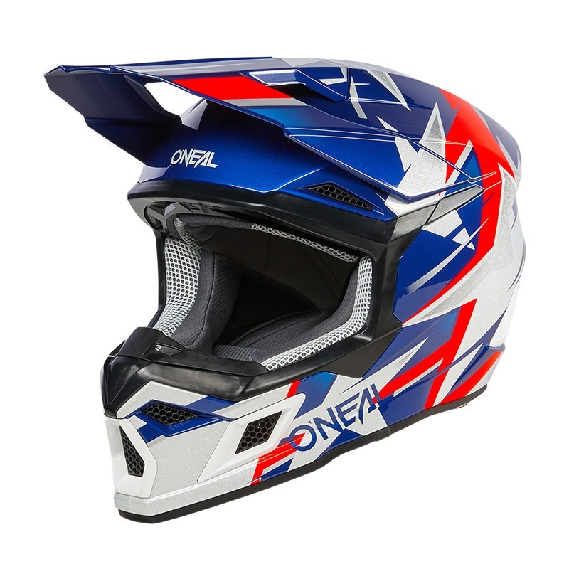 3SRS Ride cross helmet in blue, white, and red by O'Neal.