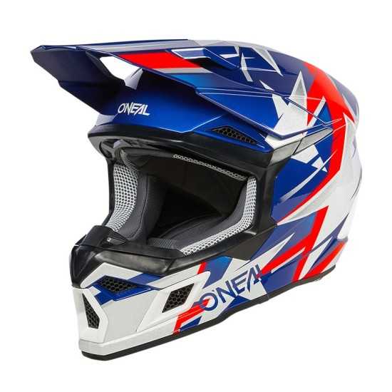 3SRS Ride cross helmet in blue, white, and red by O'Neal.
