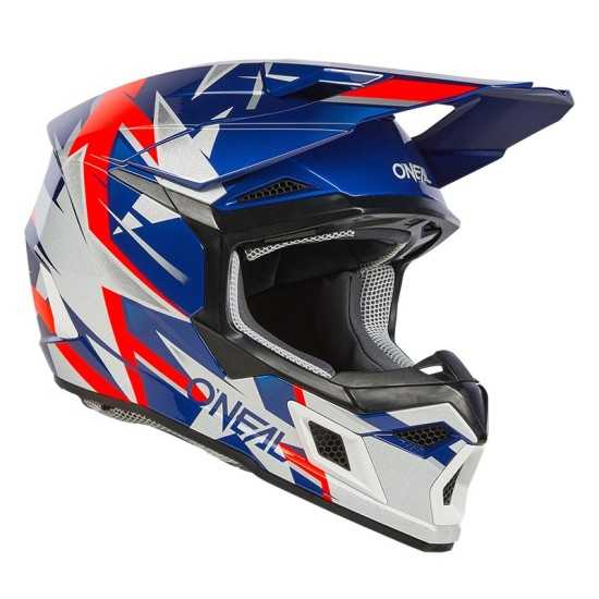 3SRS Ride cross helmet in blue, white, and red by O'Neal.