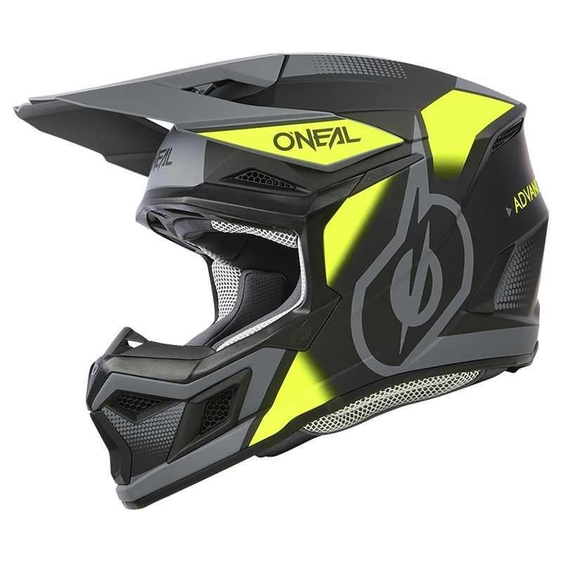 O'Neal 3SRS Vision cross helmet in black, gray, and fluorescent.