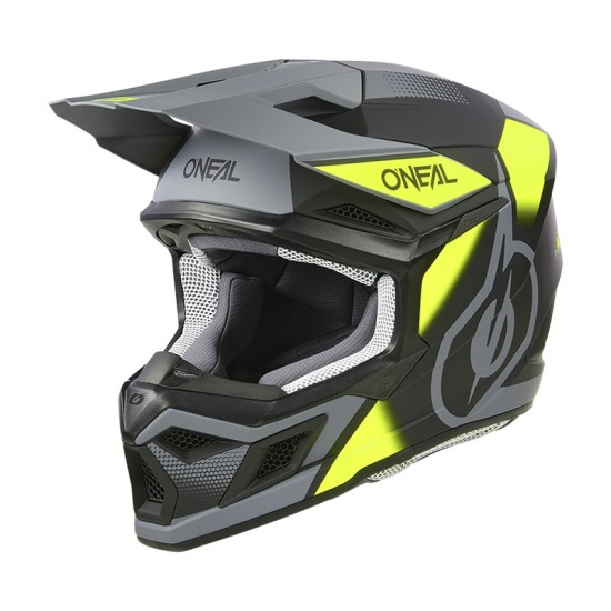 O'Neal 3SRS Vision cross helmet in black, gray, and fluorescent.