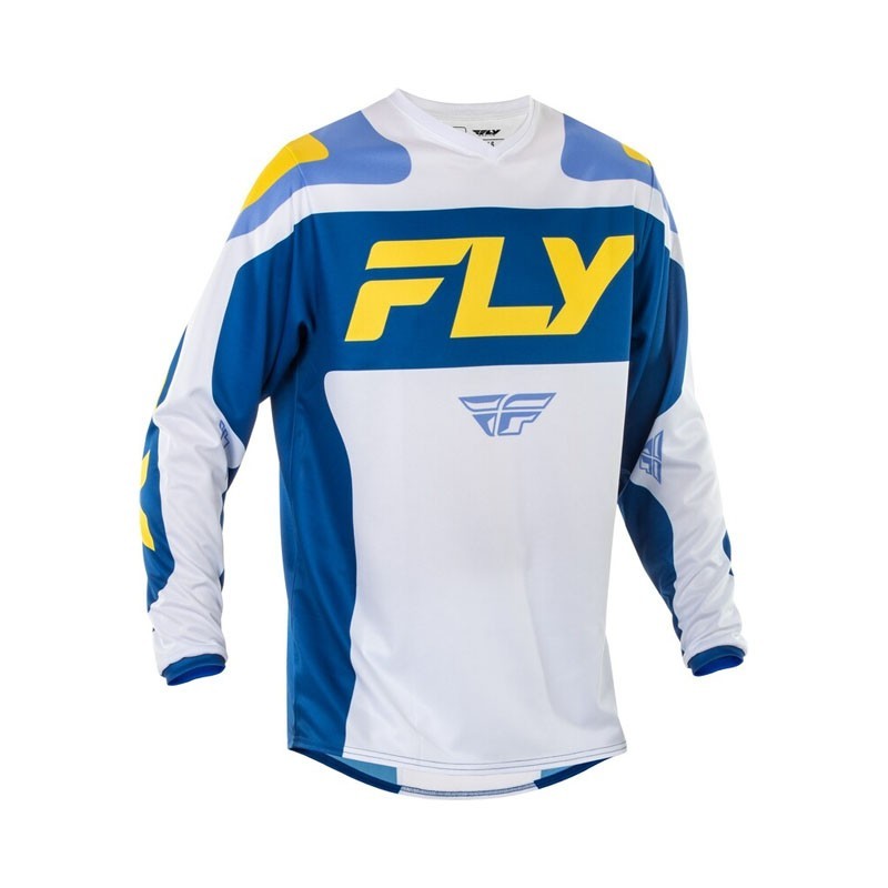 FLY RACING F-16 t-shirt in white, blue, and yellow.