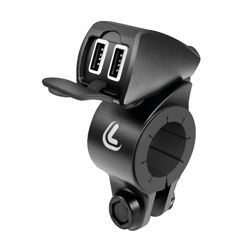 Dual USB ports, water-resistant, with Optiline handlebar mount