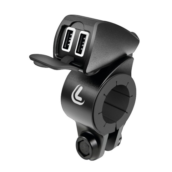 Dual USB ports, water-resistant, with Optiline handlebar mount
